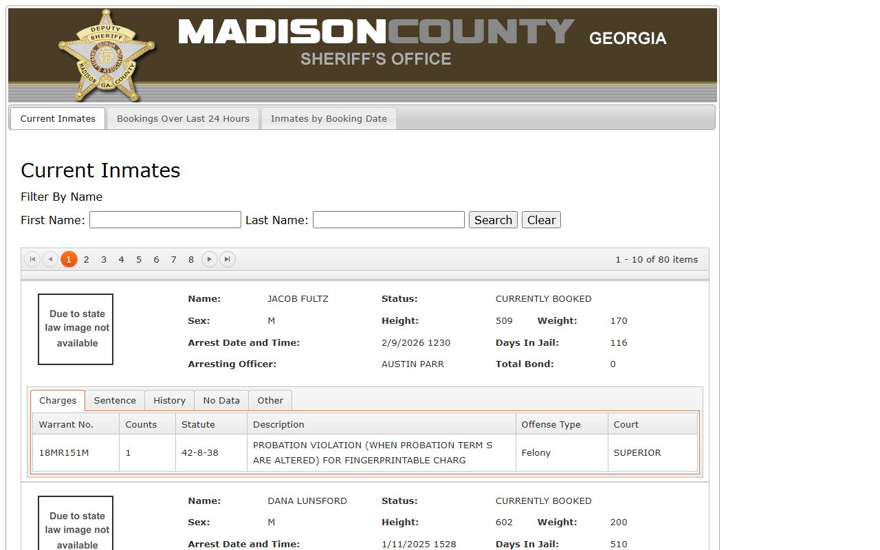 Madison County jail roster current inmate search interface