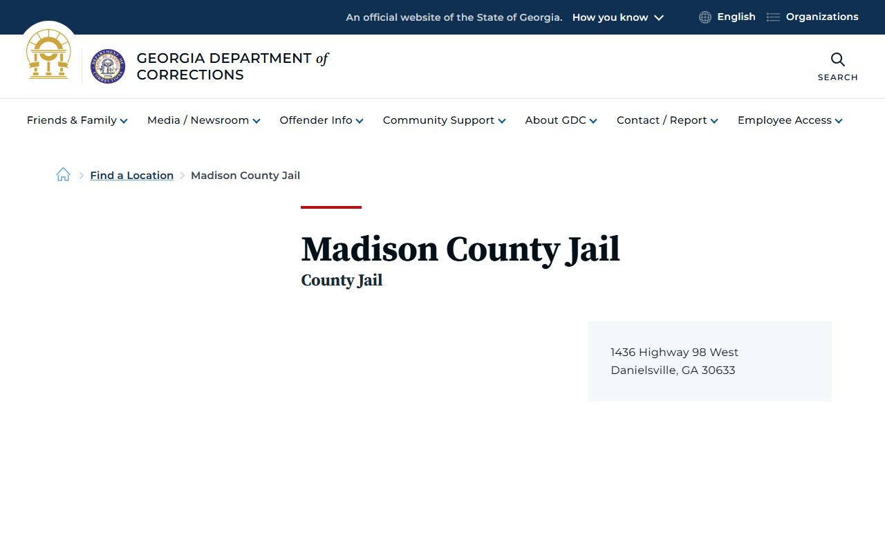 Madison County Jail GDC county jail location record