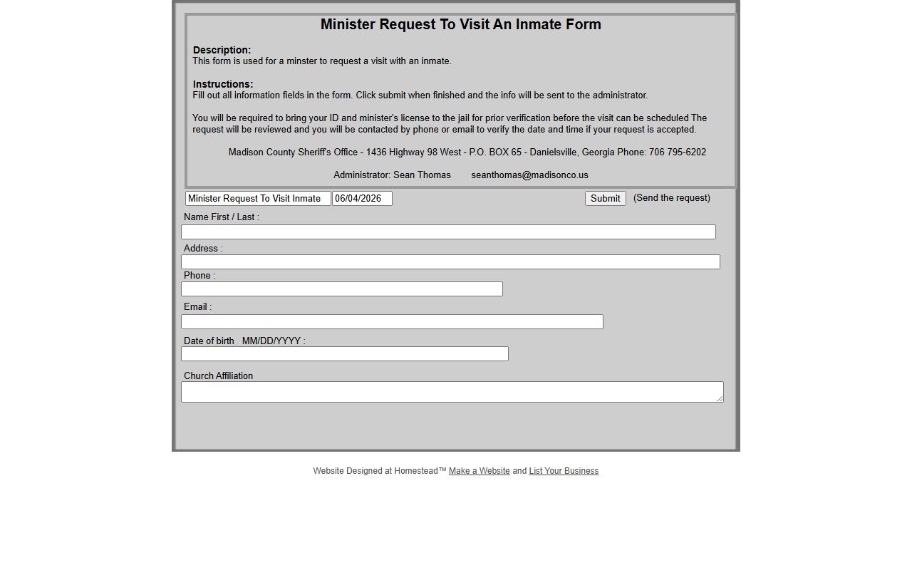 Madison County Jail minister visitation request form